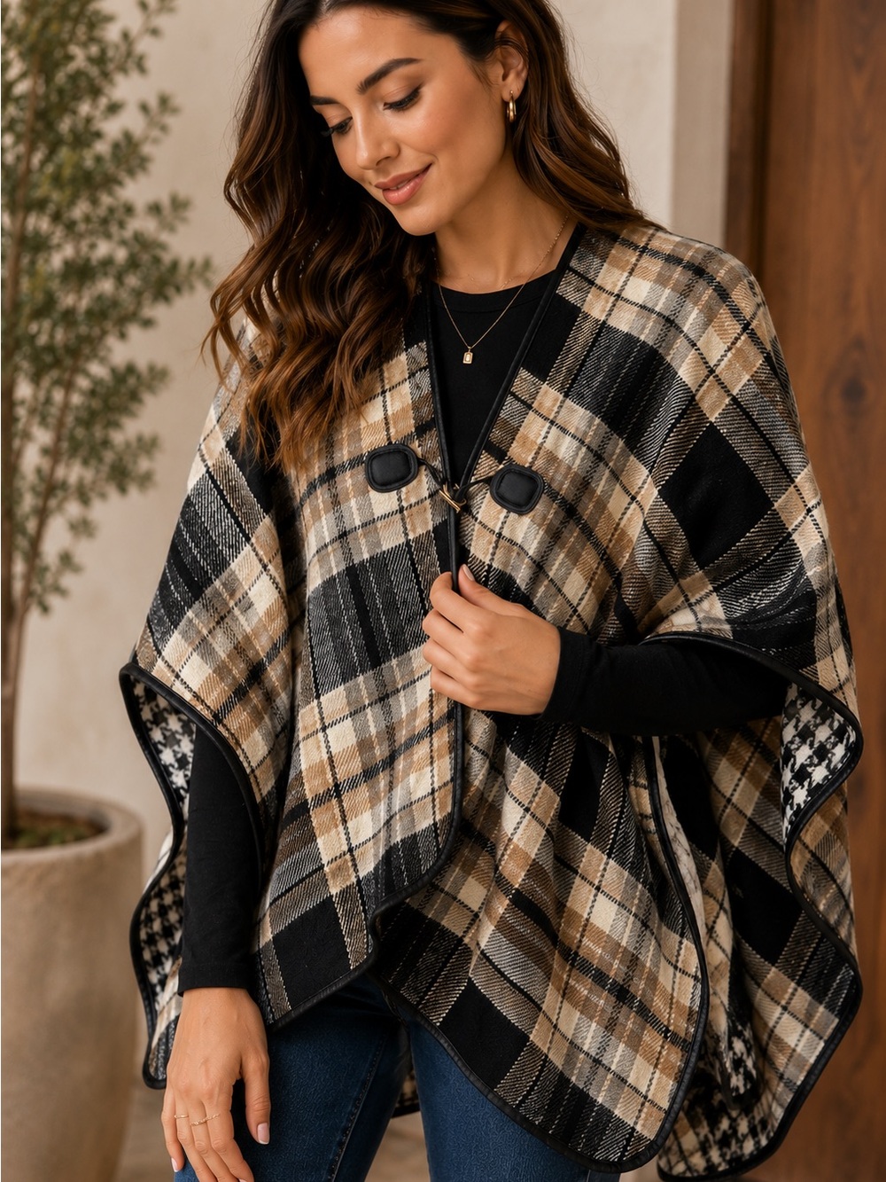 Liz Claiborne Plaid Cape Poncho Women’s One Size Beige Black Cozy Fall Winter